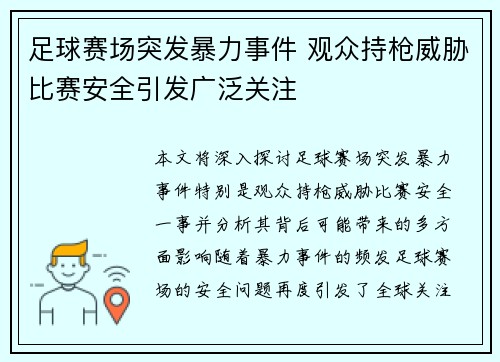 足球赛场突发暴力事件 观众持枪威胁比赛安全引发广泛关注