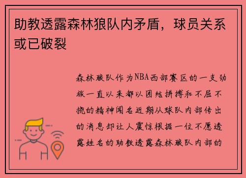 助教透露森林狼队内矛盾，球员关系或已破裂