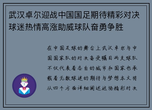 武汉卓尔迎战中国国足期待精彩对决球迷热情高涨助威球队奋勇争胜