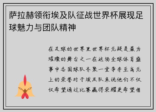 萨拉赫领衔埃及队征战世界杯展现足球魅力与团队精神