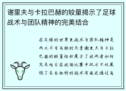 谢里夫与卡拉巴赫的较量揭示了足球战术与团队精神的完美结合