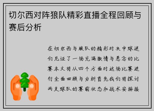切尔西对阵狼队精彩直播全程回顾与赛后分析