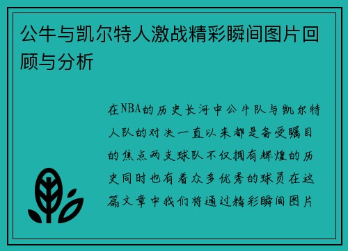公牛与凯尔特人激战精彩瞬间图片回顾与分析