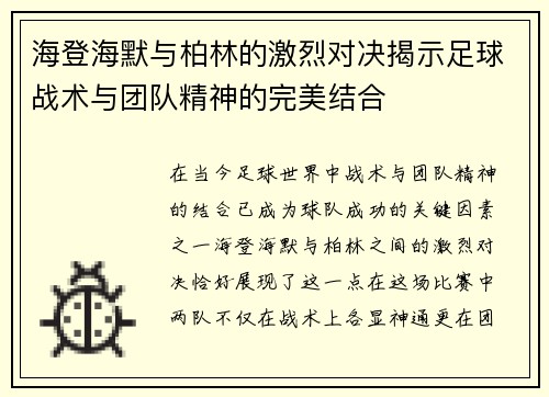 海登海默与柏林的激烈对决揭示足球战术与团队精神的完美结合