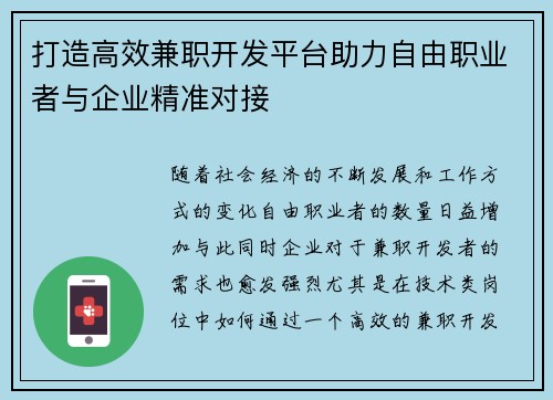 打造高效兼职开发平台助力自由职业者与企业精准对接